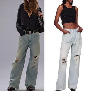 NWOT R13 Damon Pleated Wide Leg - Lennon Light Blue Knee Rips Denim Casual